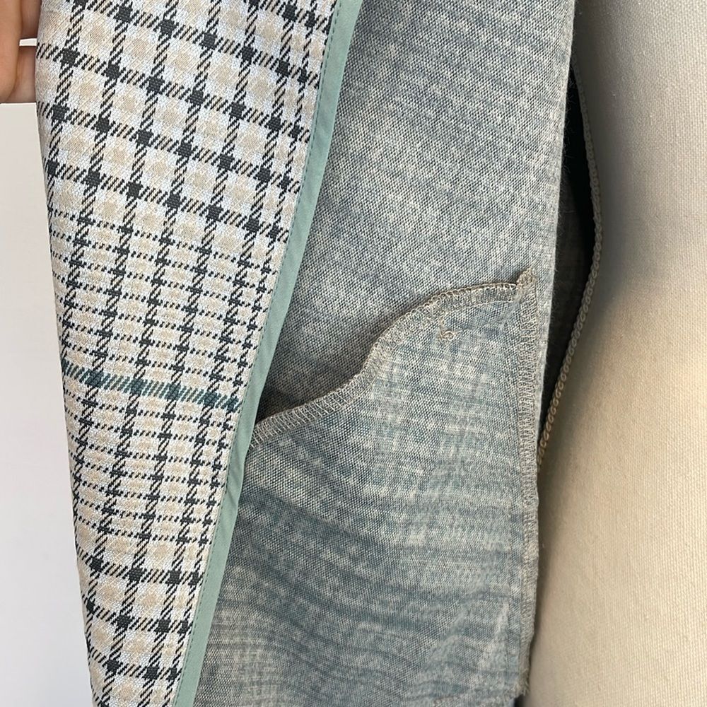 Melloday TRENCH COAT GREY BLUE PLAID SLASH POCKET OPEN FRONT - Picture 4 of 7